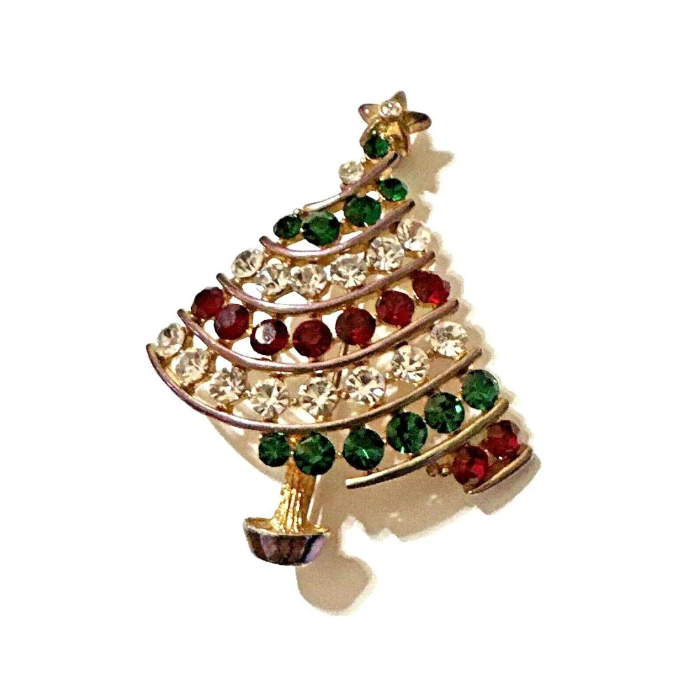 Vintage Christmas Tree Brooch Red Green Clear Rhinestones Gold Tone Mid Century